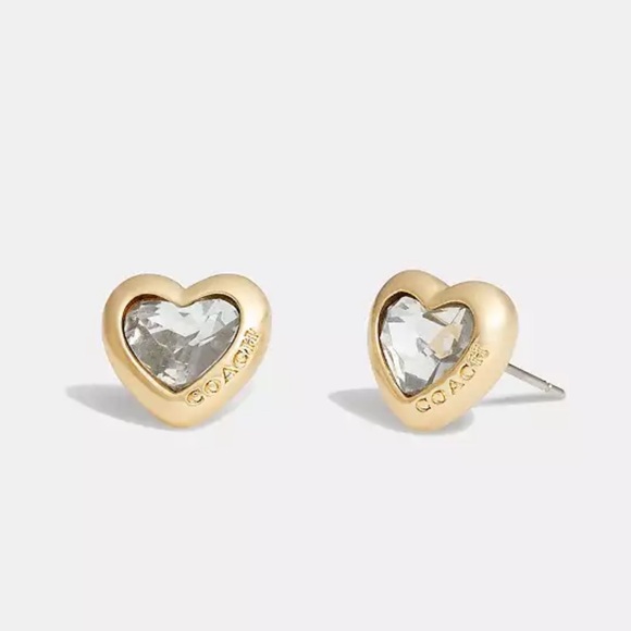 Coach Logo Crystal Heart Stud Gold Earrings New with Pouch - Picture 1 of 7